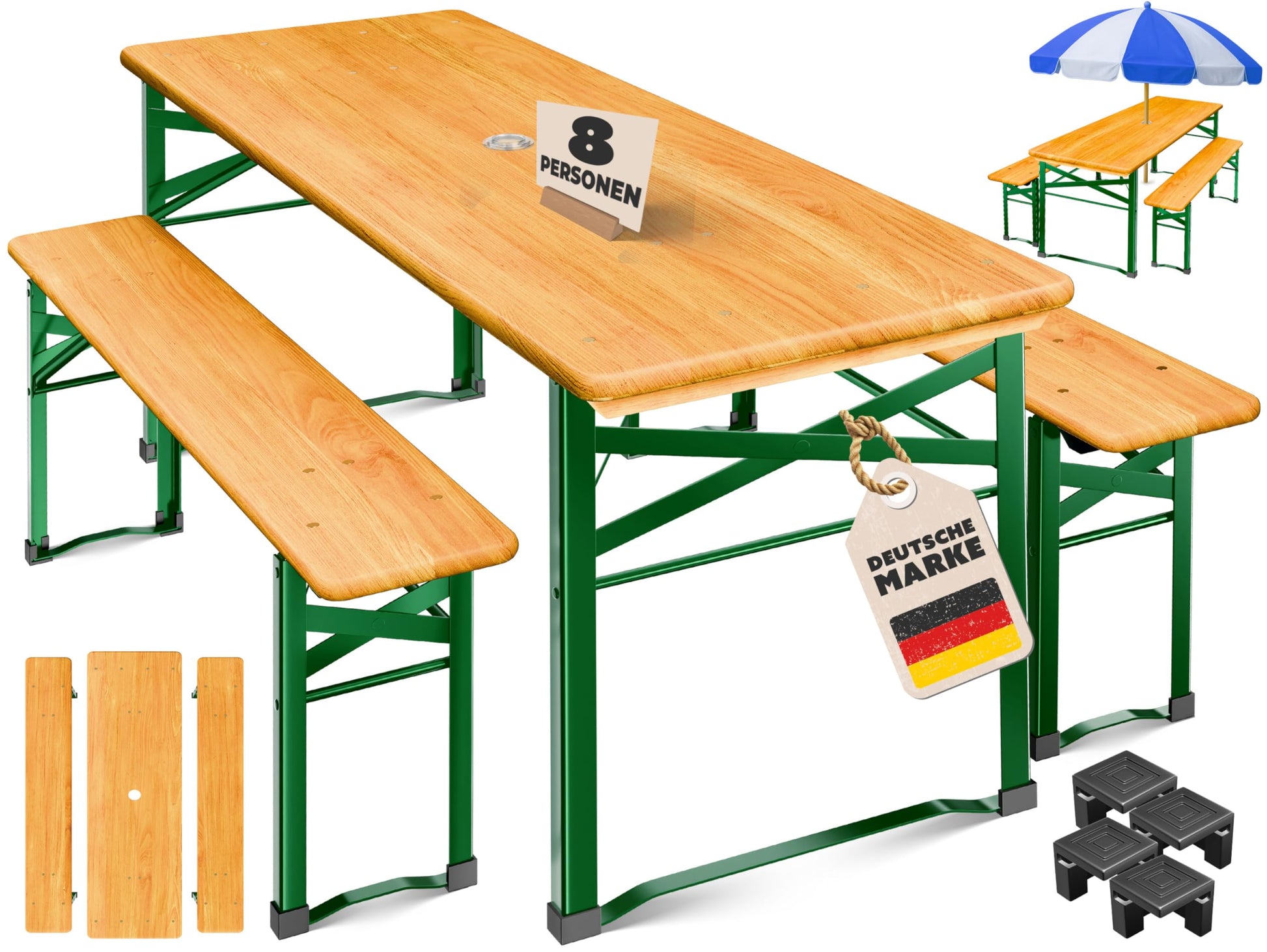 KESSER Bierzeltgarnitur 3-teilig, klappbar, Holz, 170 x 46 x 75 cm – Biertisch mit zwei Bierbänken und Stahlgestell