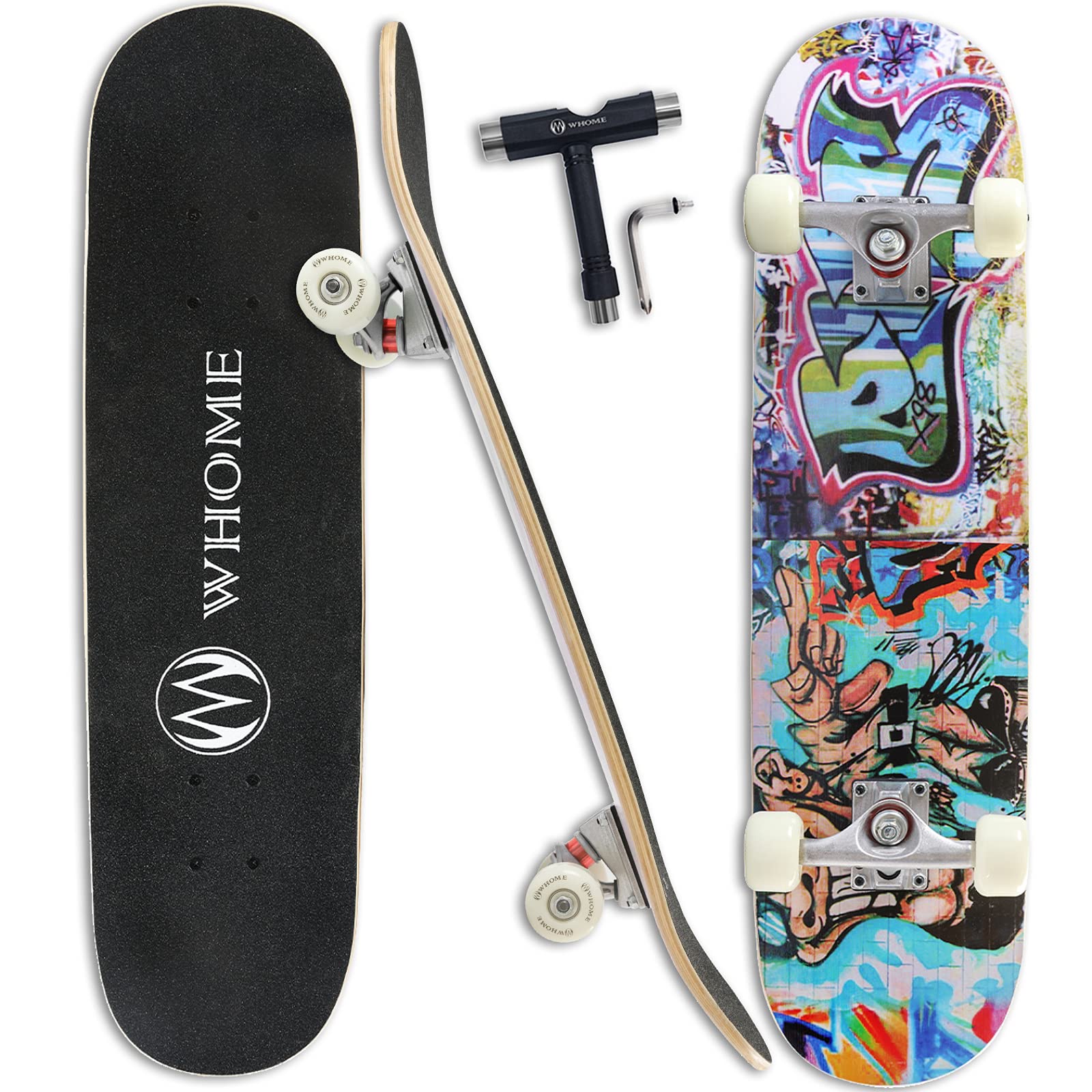 WHOME Pro Skateboard Komplettboard 31 x 8 Zoll Ahorn Urban mit 8-lagigem Double-Kick-Deck und 53-mm-Rollen