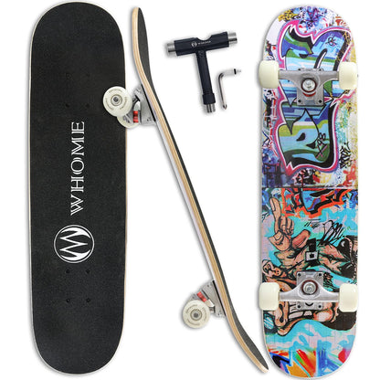 WHOME Pro Skateboard Komplettboard 31 x 8 Zoll Ahorn Urban mit 8-lagigem Double-Kick-Deck und 53-mm-Rollen