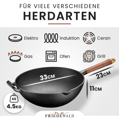Friedewald® Gusseisen Wok Bratpfanne - 33cm Induktion mit Deckel