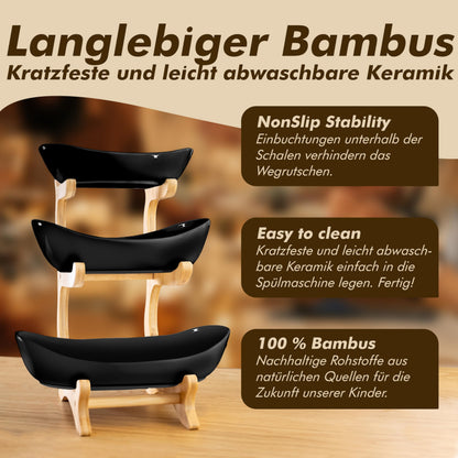 VANEJA Etagere 3-stöckig, Obstschale Keramik schwarz mit Bambusständer
