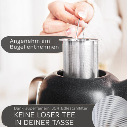 STEINZEIT Design Teekanne Keramik 1,3 L mit Edelstahlsieb, schwarz