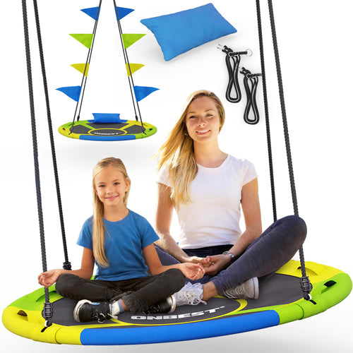 ONBEST Nestschaukel Ø 120 cm, Tellerschaukel für Indoor und Outdoor mit Kissen und Fähnchen
