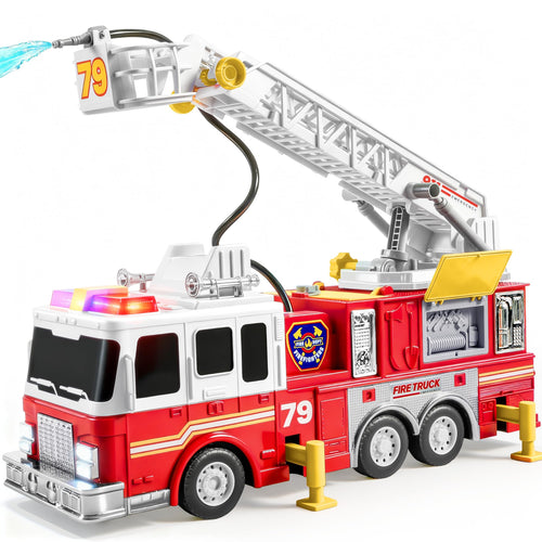 JOYIN Feuerwehrauto-Spielzeug mit 83 cm Leiter, Licht und Sound, Wassersprinkler und Gummireifen