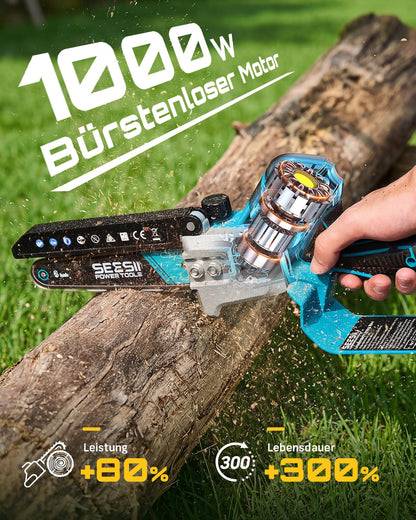 SEESII Mini-Kettensäge 6 Zoll, Akku-Einhandsäge mit 2 Akkus