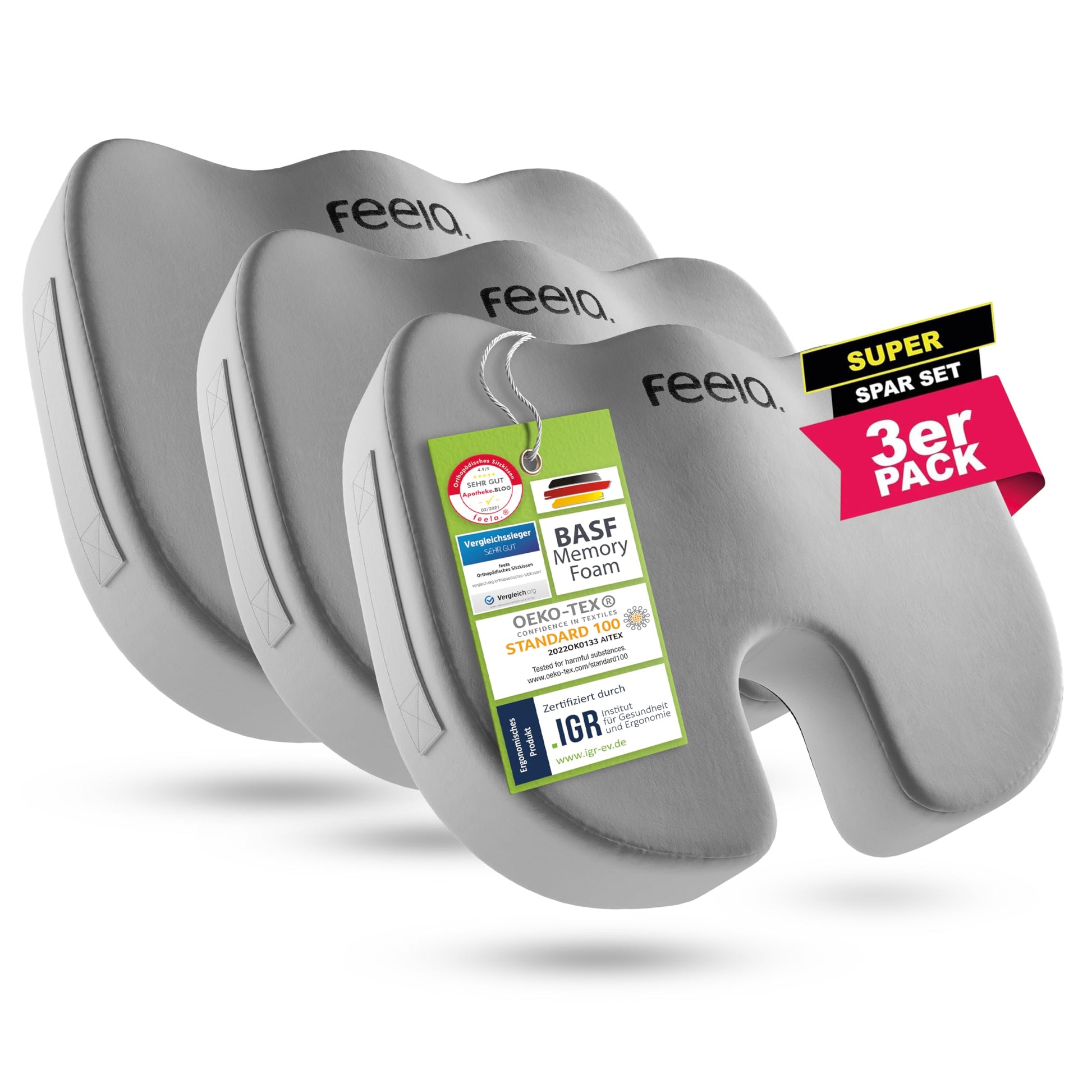 feela.® Orthopädisches Ergonomisches Sitzkissen – 3er Set Medium. Konturierte, graue Kissen zur Haltungsunterstützung und Druckentlastung.