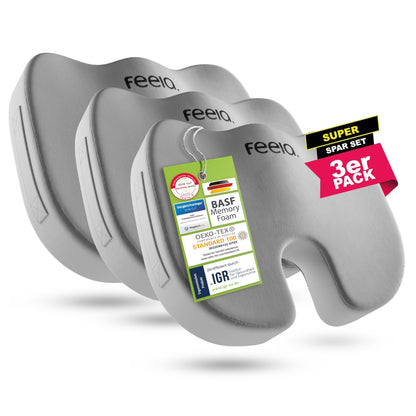 feela.® Orthopädisches Ergonomisches Sitzkissen – 3er Set Medium. Konturierte, graue Kissen zur Haltungsunterstützung und Druckentlastung.