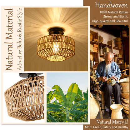Rayofly Deckenleuchte Rattan Boho HLF26 mit handgeflochtenem Schirm