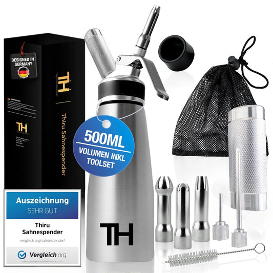Thiru Sahnespender Edelstahl 500ml – Mit Toolbox & Tüllen. Zylindrisch, aus Edelstahl, zum Aufschäumen und Portionieren von Sahne.