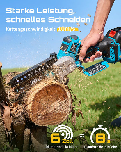 SEESII Mini-Kettensäge 6 Zoll, Akku-Einhandsäge mit 2 Akkus