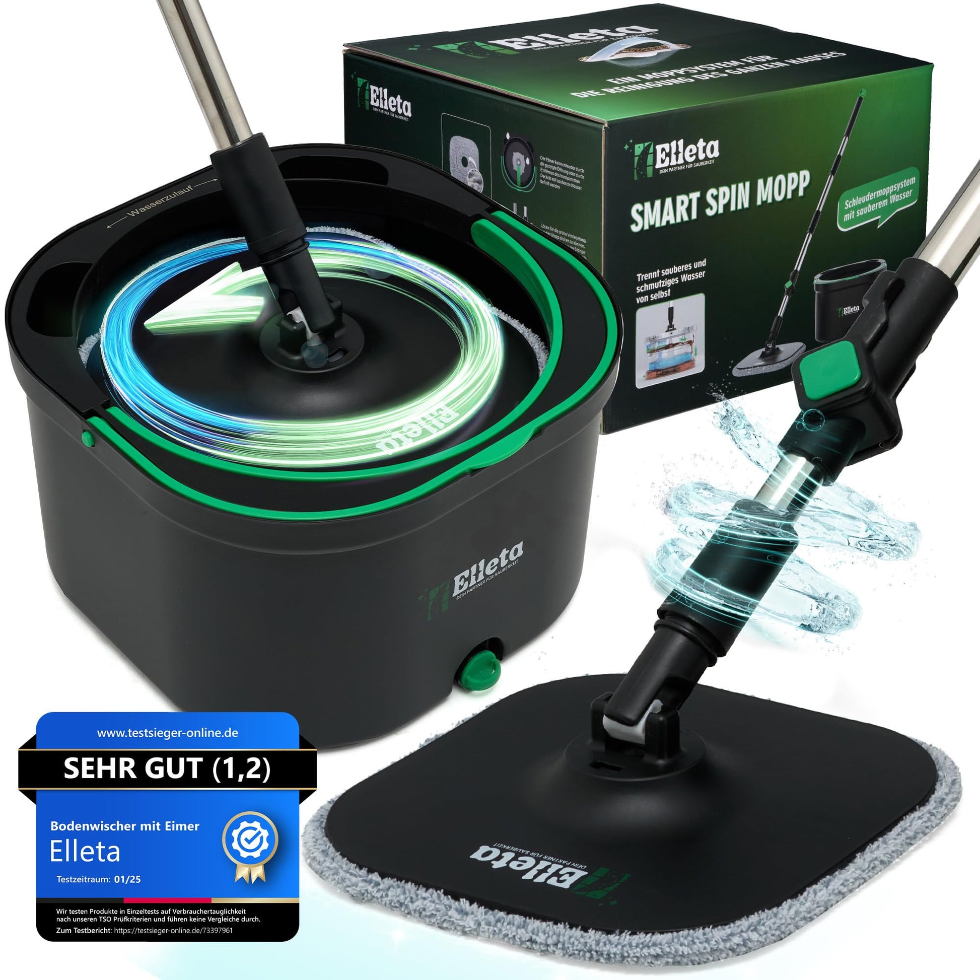 Wischmopp Set mit Eimer 2-Kammer – 360° Mikrofaser: 2-Kammer-Eimer mit drehbarem Mikrofaser-Moppkopf für hygienische Bodenreinigung.