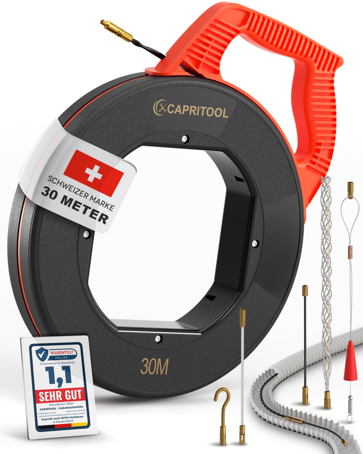 Capritool Kabeleinziehhilfe 30 m – Einziehfeder mit 5 Adaptern und Spiraldesign