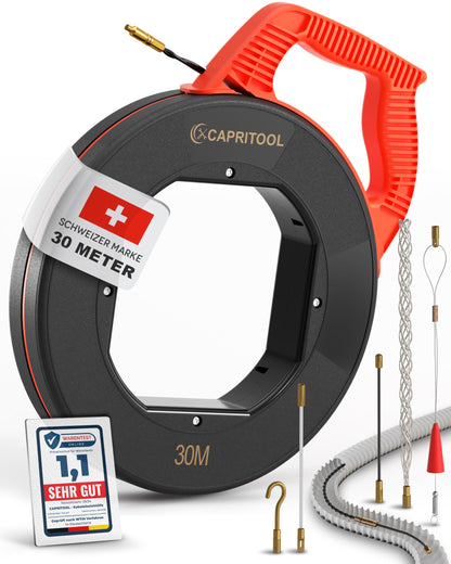 Capritool Kabeleinziehhilfe 30 m – Einziehfeder mit 5 Adaptern und Spiraldesign