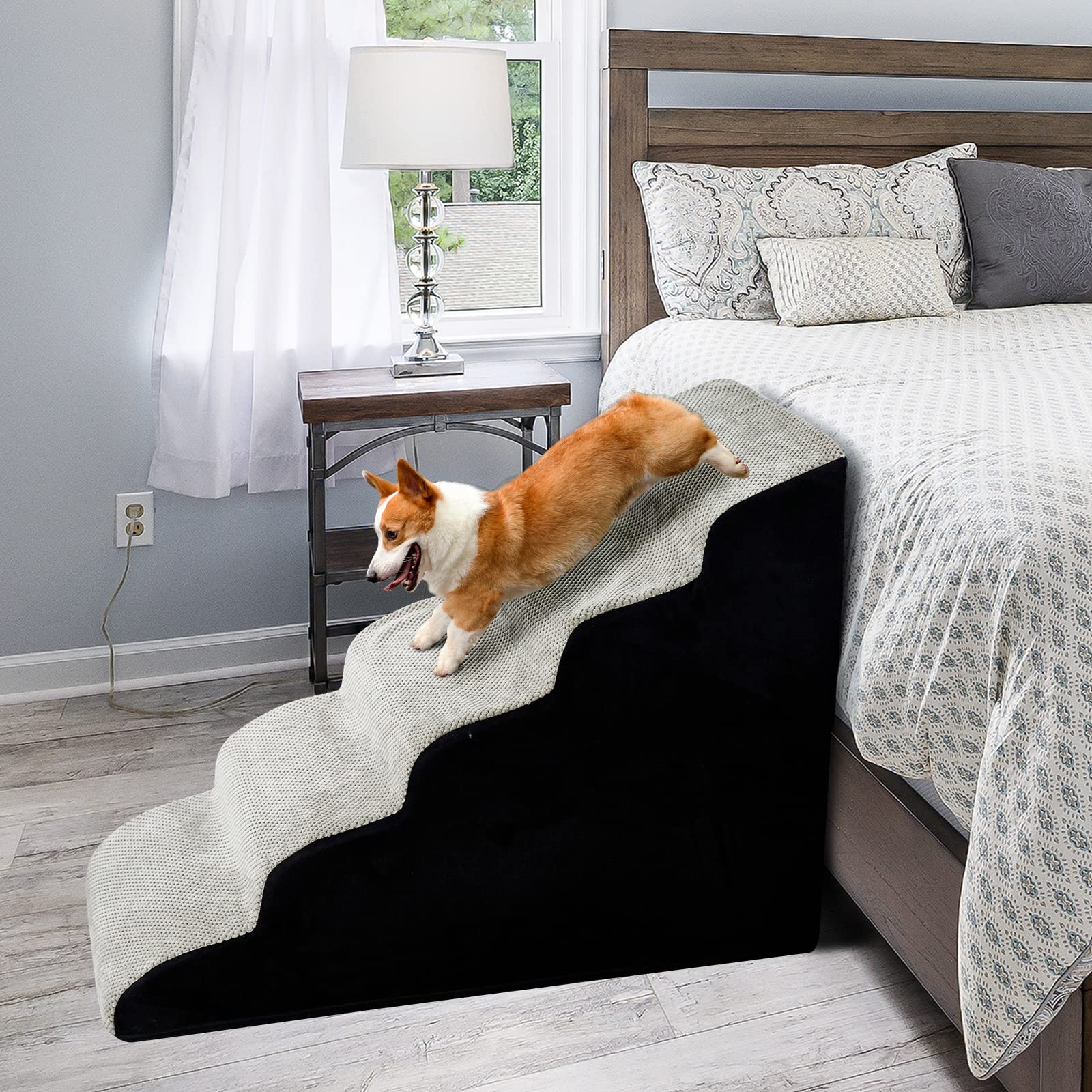 A.FATI Hundetreppe Rampe 5 Stufen 60cm Hoch – Rutschfest, Grau. Hilft Hunden auf Sofa/Bett.