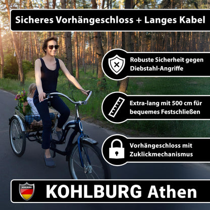 KOHLBURG Kabelschloss Athen 5 m mit Vorhängeschloss, Stahlseil 12 mm