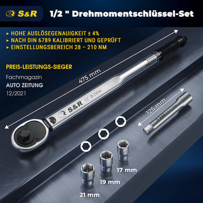 S&R Drehmomentschlüssel Set 1/2 Zoll 28-210 Nm mit 3 Stecknüssen