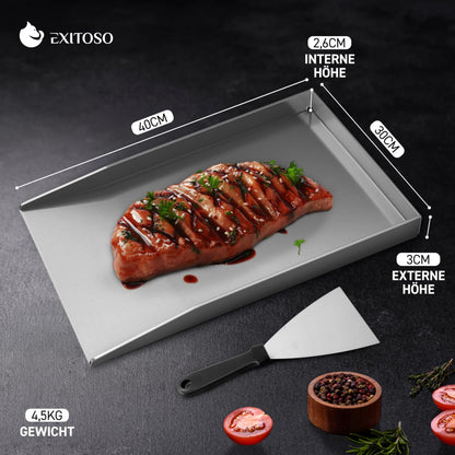 Exitoso Grillplatte Plancha Edelstahl 30 x 40 cm mit Grillspachtel