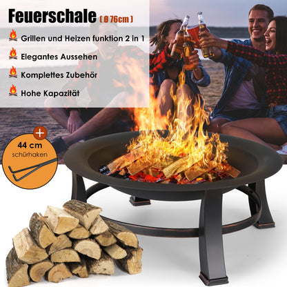 TLGREEN Feuerschale Retro Φ76cm – Schwarz, Grill & Funkenschutz