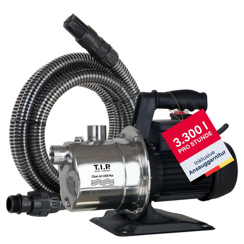 T.I.P. Gartenpumpe Clean Jet 1000 Plus Edelstahl mit Ansauggarnitur und Tragegriff