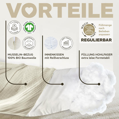 Sei Design XXL Stillkissen 190x35 mit Musselin-Bezug aus Bio-Baumwolle