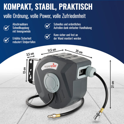 Poppstar Druckluftschlauchtrommel 10 m mit Automatik-Aufroller, grau