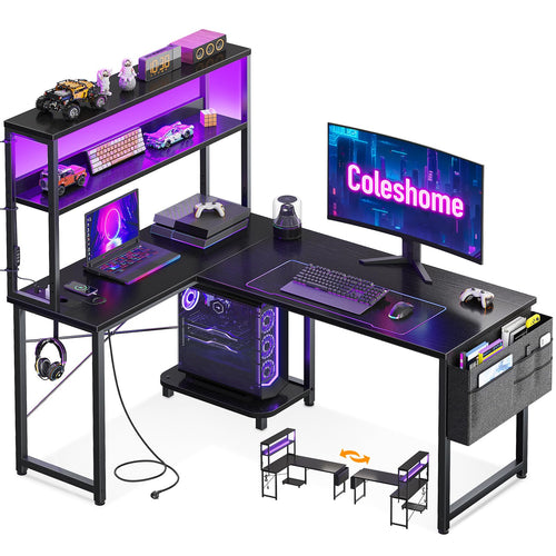 Coleshome Gaming Tisch L-Form mit LED & Steckdosen, Schwarz, mit Ablageregalen und Aufbewahrungstasche
