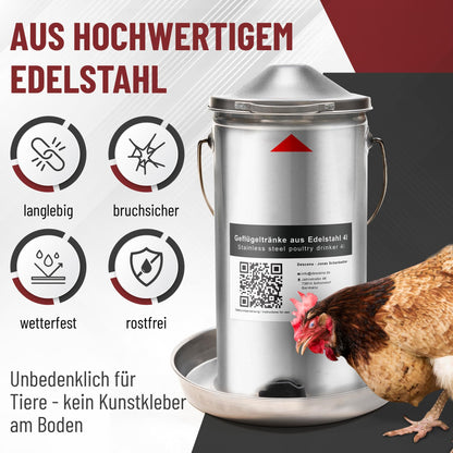 Robust Hühnertränke Geflügeltränke 4L Edelstahl - Beheizbar