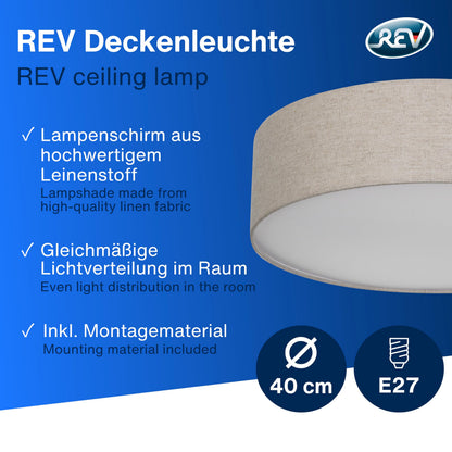 REV LED Deckenleuchte rund 40 cm mit Stoffschirm in Taupe, 2x E27
