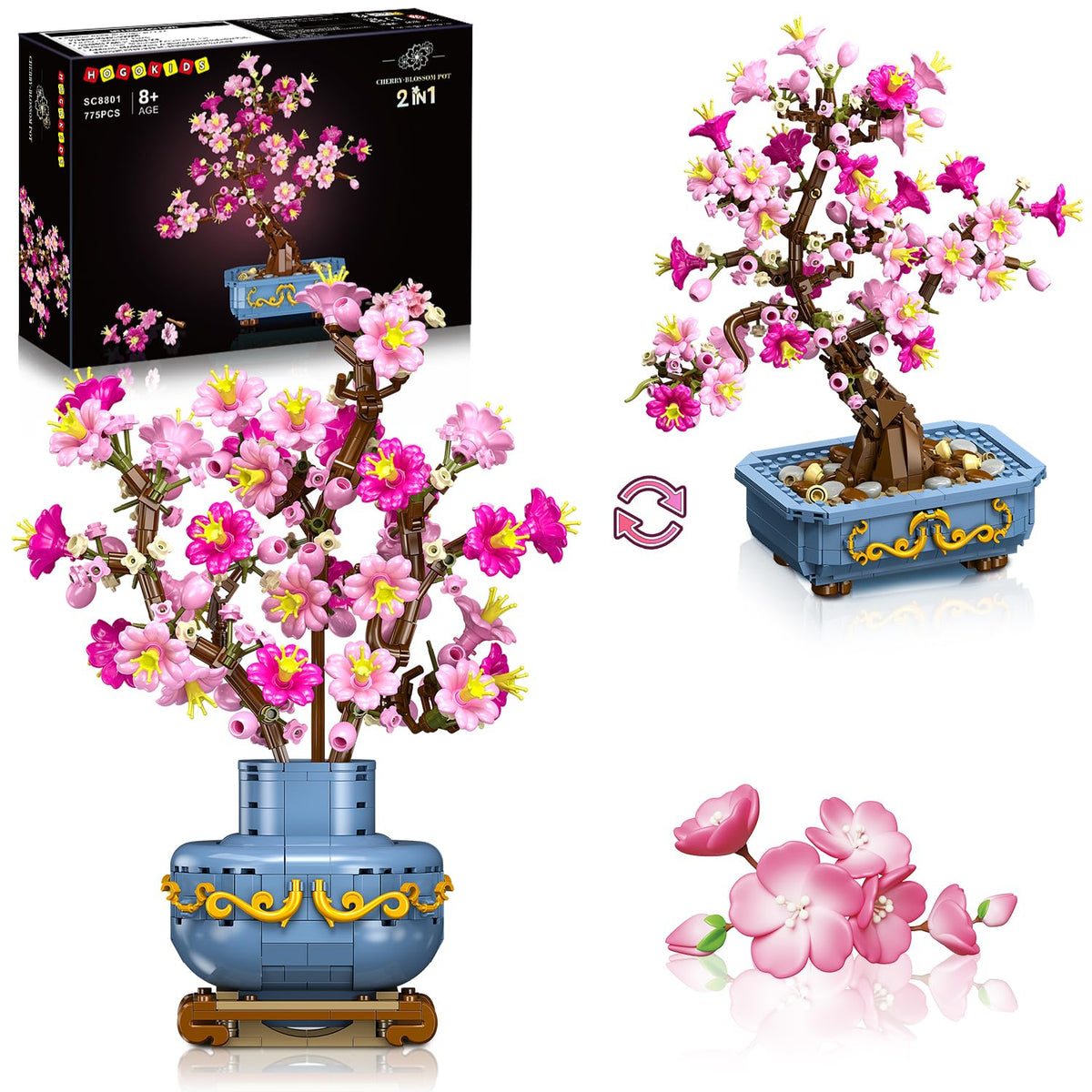 HOGOKIDS Kirschblüten-Bonsai Bauset, 2-in-1 Bausteine, 775 Teile, künstliche Kirschblüten mit Pflanztopf