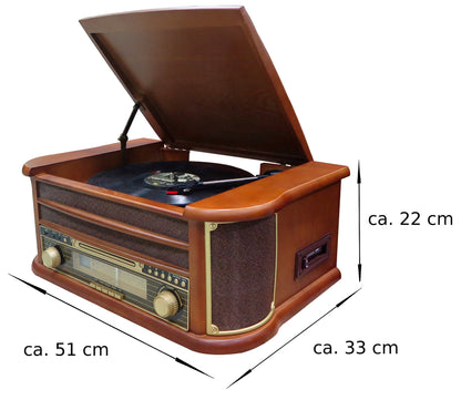 Nostalgie Holz Musikanlage - Plattenspieler, CD, Kassette, BT, Radio