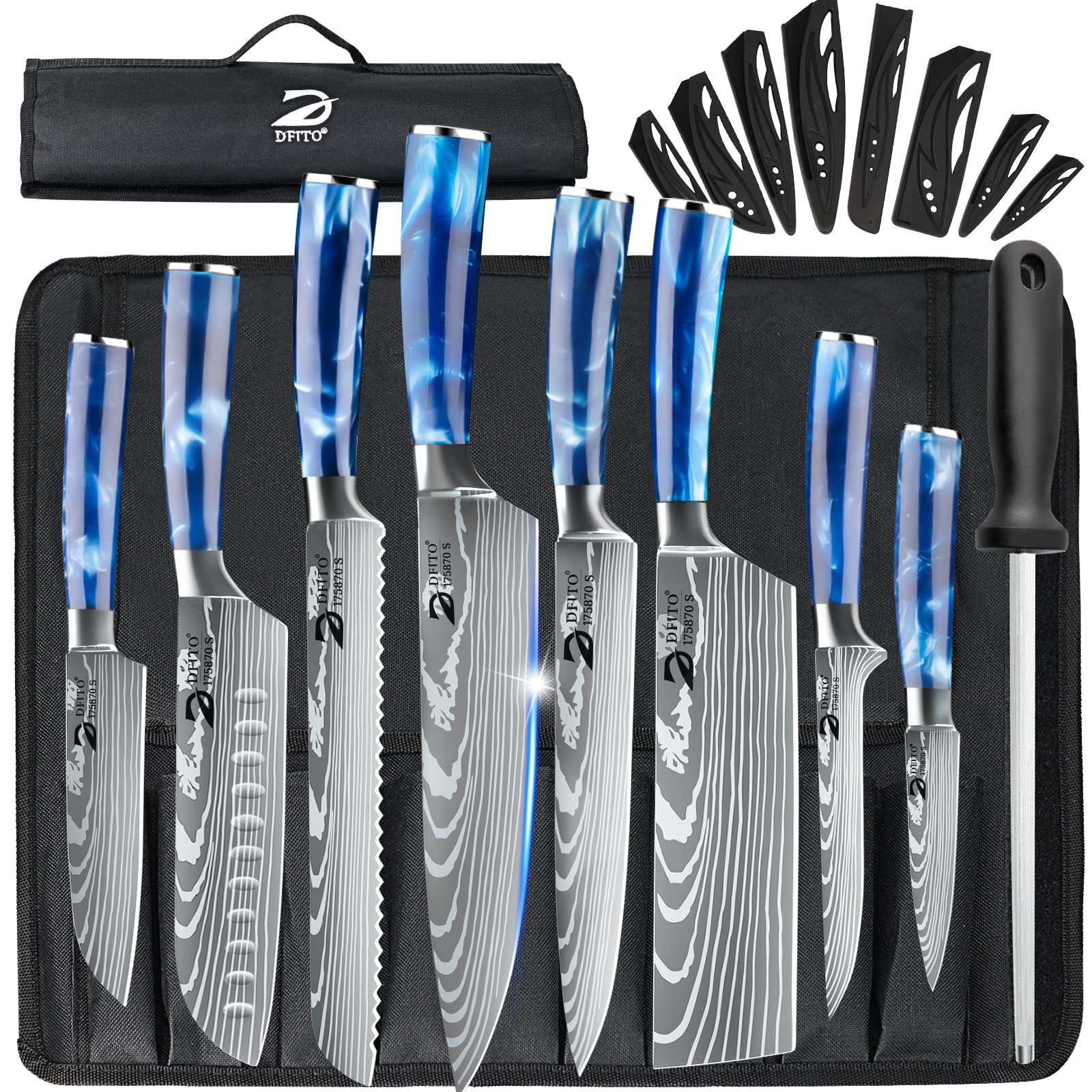 Dfito Küchenmesser Set 8-teilig Profi mit Rolltasche. Acht Edelstahlmesser mit schwarzen Griffen in schwarzer Rolltasche, für präzises Schneiden von Lebensmitteln.