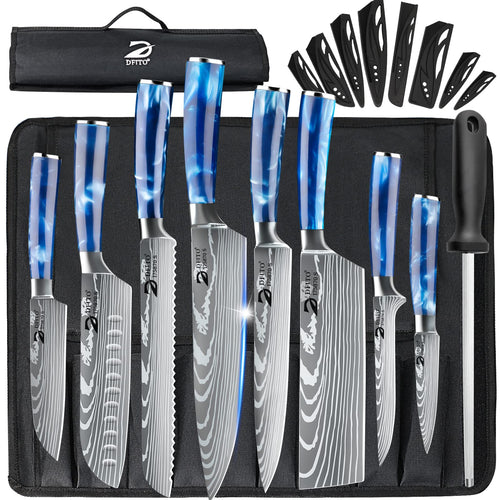 Dfito Küchenmesser Set 8-teilig Profi mit Rolltasche. Acht Edelstahlmesser mit schwarzen Griffen in schwarzer Rolltasche, für präzises Schneiden von Lebensmitteln.