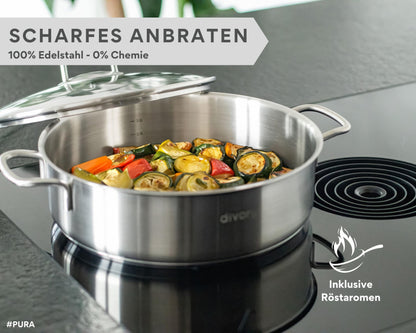 DIVORY PURA Hohe Edelstahl Schmorpfanne mit Deckel - 28 cm