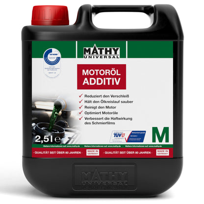 MATHY M Motoröl-Additiv – Verschleissschutz für Motoren 2,5 L. Silberner Kanister zur Motorölbeimischung.