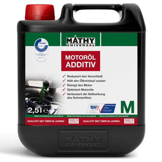 MATHY M Motoröl-Additiv – Verschleissschutz für Motoren 2,5 L. Silberner Kanister zur Motorölbeimischung.