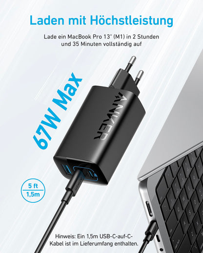 Anker 335 USB-C Ladegerät 67W, 3-Port Schnellladegerät mit PIQ 3.0