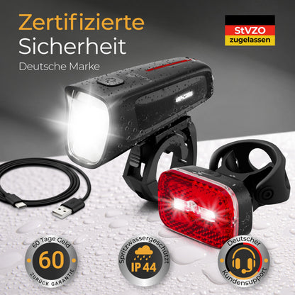 LICHTMEISTER Fahrradlicht 100 Lux LED mit Bremslicht, USB-C, StVZO