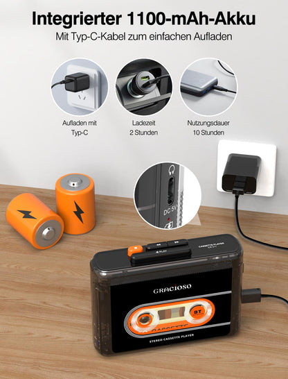 Gracioso 311 Kassettenspieler mit Bluetooth, Akku und Kopfhörer