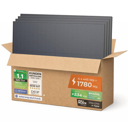 Solarway 445W Solarpanel Full Black bifazial Glas/Glas n-type, schwarzes Modul für Balkonkraftwerk