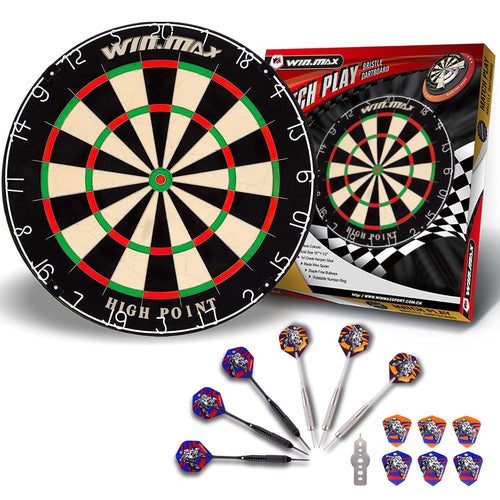 WIN.MAX Bristle Dartscheibe Set mit 6 Steeldarts und 12 Flights, Sisal-Board mit ultradünner Stahlspinne