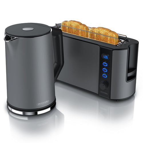 Arendo Wasserkocher Toaster Set – Edelstahl Cool Grey. Cool Grey Edelstahl-Set: Wasserkocher erhitzt Wasser, Toaster röstet Brot.