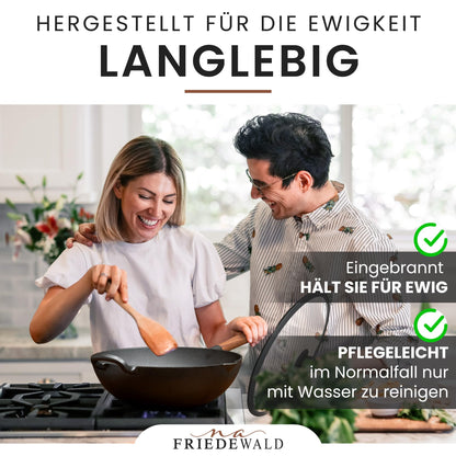 Friedewald® Gusseisen Wok – 29cm mit Deckel, Induktionsgeeignet