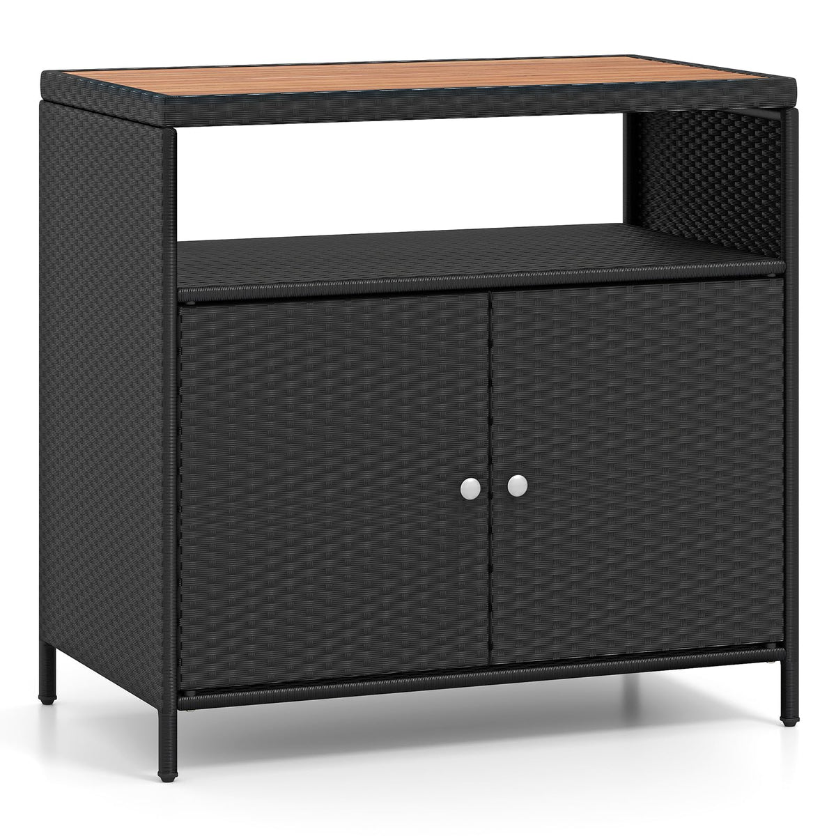 COSTWAY Gartenschrank Rattan mit Akazienholz-Arbeitsplatte, Schwarz – Doppeltüren und offenes Fach