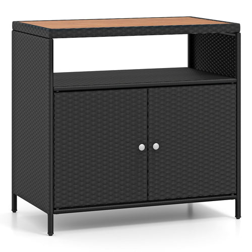 COSTWAY Gartenschrank Rattan mit Akazienholz-Arbeitsplatte, Schwarz – Doppeltüren und offenes Fach