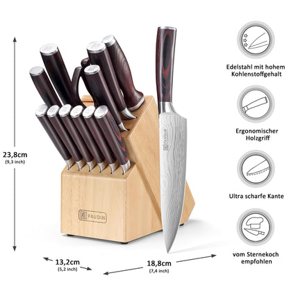 PAUDIN Messerblock Set 14-teilig Edelstahl Küchenmesser mit Holzblock