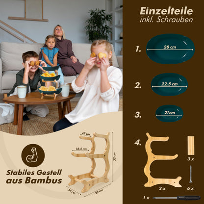 VANEJA Etagere 3-stöckig, Keramik Dunkelgrün mit Bambusständer