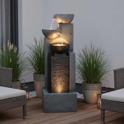 Arnusa Gartenbrunnen BK843 mit LED-Wasserfall, 109 cm, Steinoptik Grau