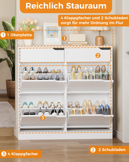 IRONCK Schuhschrank mit 4 Klappen und 2 Schubladen, schmal, weiss