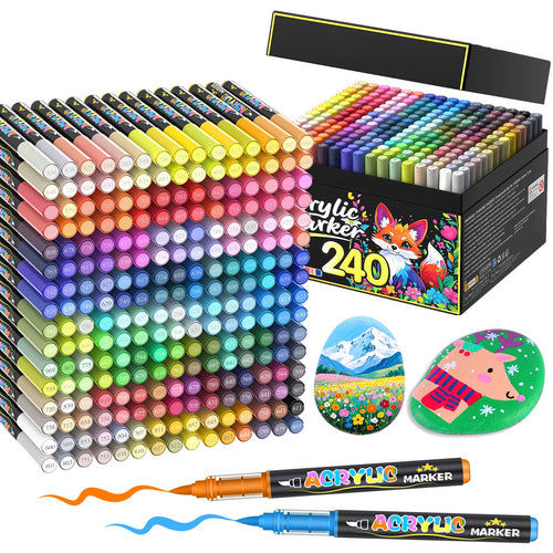 Lyuvie Acrylstifte Set 240 Farben, wasserfeste Acrylmarker mit Pinselspitze im Etui