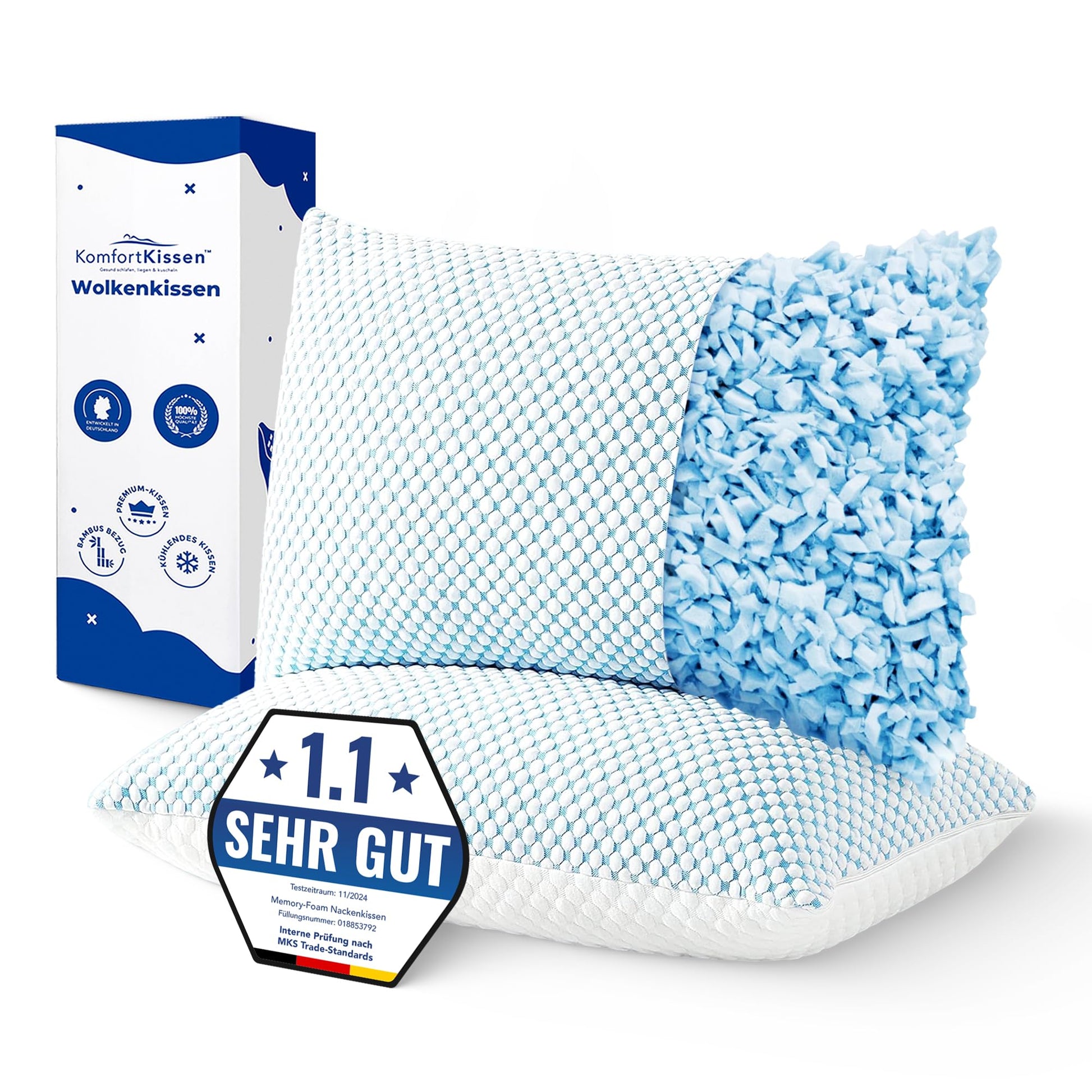 MKS Ergonomisches Memory Foam Kopfkissen 80x80 – 2er Set Kühlgel: Konturiertes 80x80 Kissen mit Kühlgel für Nackenstütze und erholsamen Schlaf.